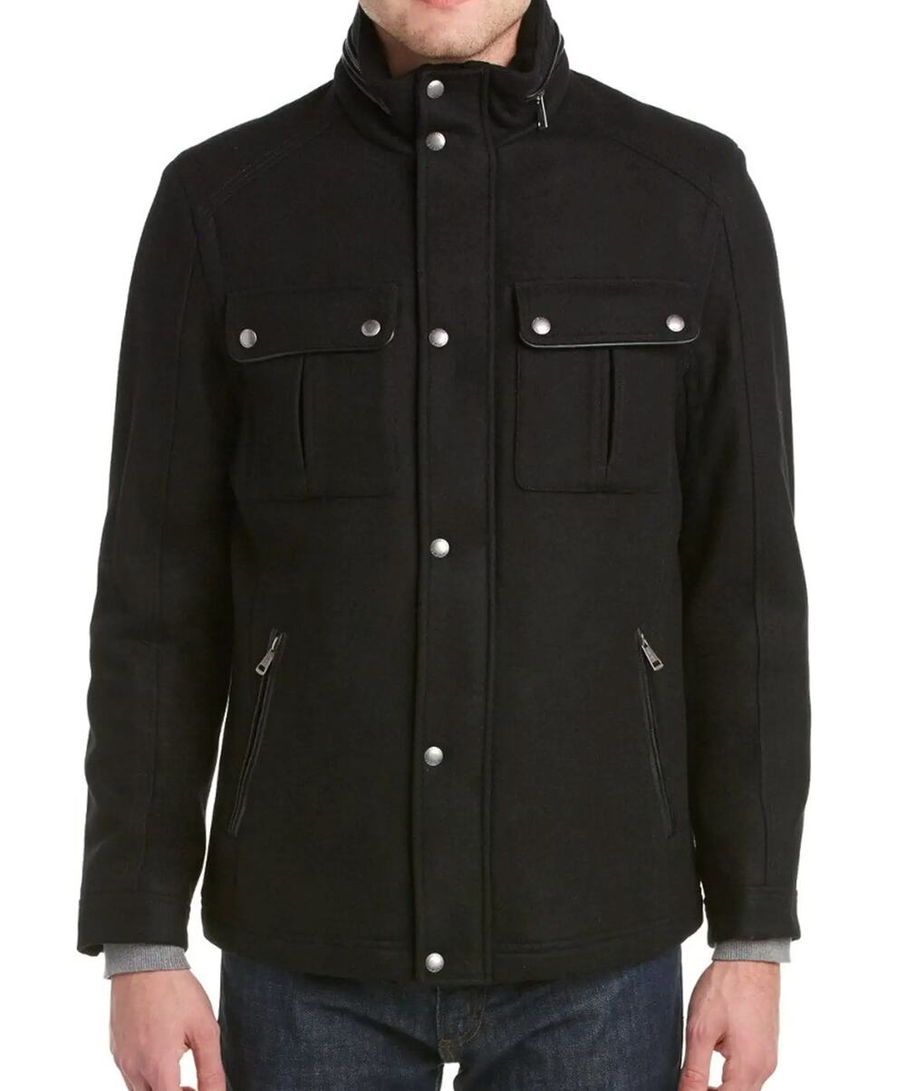 Cole Haan Wool Melton Stand Collar Jacket in Black with Patch Pockets Size XL